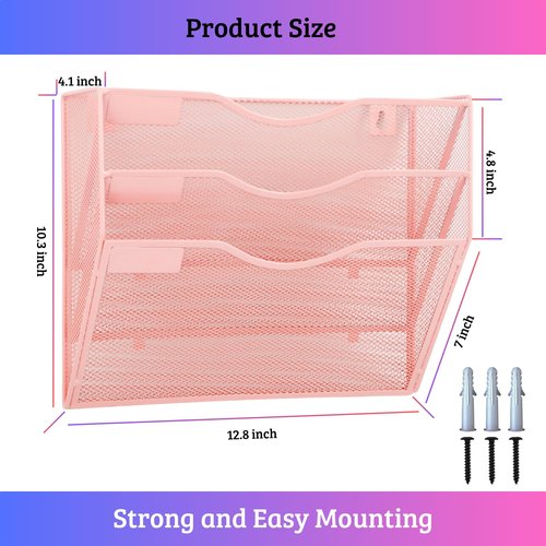 Heavty 3 Pocket Wall File Holder Organizer, Mesh Hanging Wall Mounted Document Paper Folder Filing Magazine Rack with Nametag Label for Office Home School, 3 Tier Pink