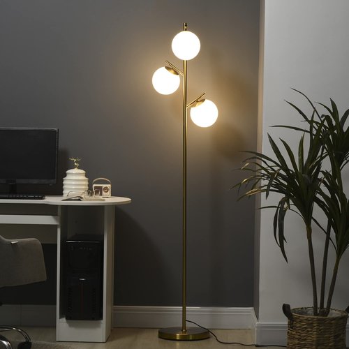 HOMCOM 3-Light Modern Floor Lamp for Living Room Bright Lighting, Tree Standing Lamp for Bedroom with Globe Lampshades, Steel Base, Cute Lamp, Bulb not Included, Gold