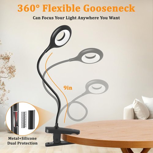 Rechargeable Clip-On Light by [Brand Name] - Flexible Arm Reading Lamp with 5 Brightness Levels | Ideal for Bed, Desk & Bunk Beds (Black)