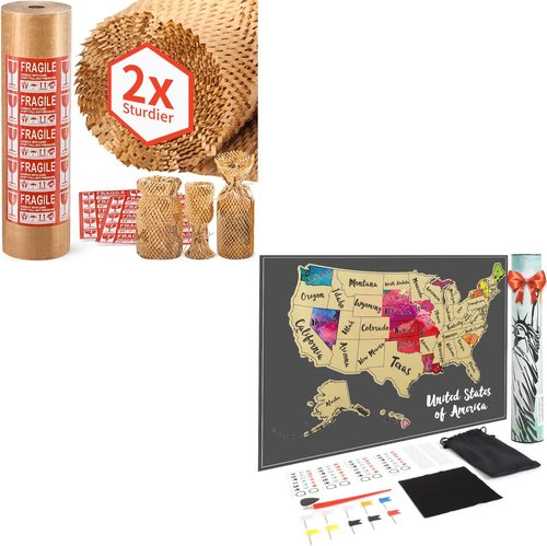 JARLINK Scratch Off USA Map Poster Bundle - Eco-Friendly Packing Paper & 20 Fragile Stickers