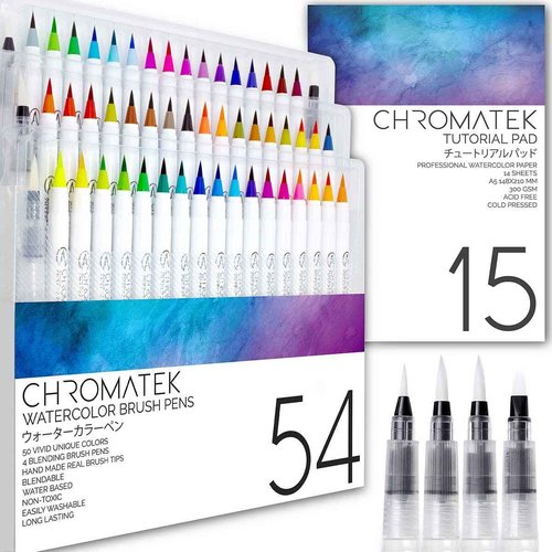 CHROMATEK 54 Watercolor Pens Set | Including 15 Page Pad & Online Video Tutorial Series | 4 Aquapens & 50 Unique Colors | Real Brush Pens | Easily Blendable, Vivid, Smooth | Professional Art Supplies