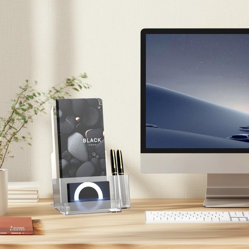 KINGTOP Acrylic Brochure Holder(2 Pack 4x7 Inch), Pamphlet Holder Display Stand with Pen Slot, Clear Brochure Display Stand for Office, Trade Show, and Retail Marketing Materials