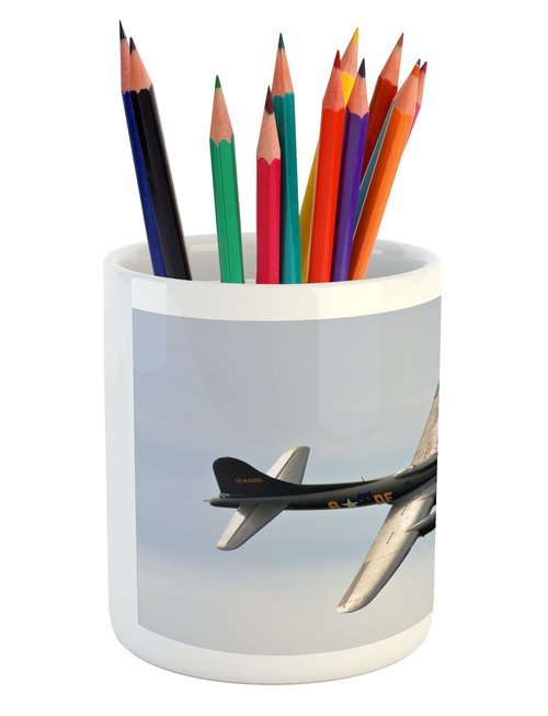 Lunarable Airplane Pencil Pen Holder, Memphis Belle Boeing B17 Flying over Shoreham Retro Airfield Technology Image, Ceramic Pencil Holder for Desk Office Accessory, 3.6" X 3.2", Pale Purpleblue