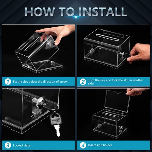 KYODOLED Clear Donation Box for Fundraising with Lock & Sign Holder, Multi-Use Voting and Raffle Box, Tip Jar, Secure Storage, Size 6.2'' x 4.6'' x 4.0''