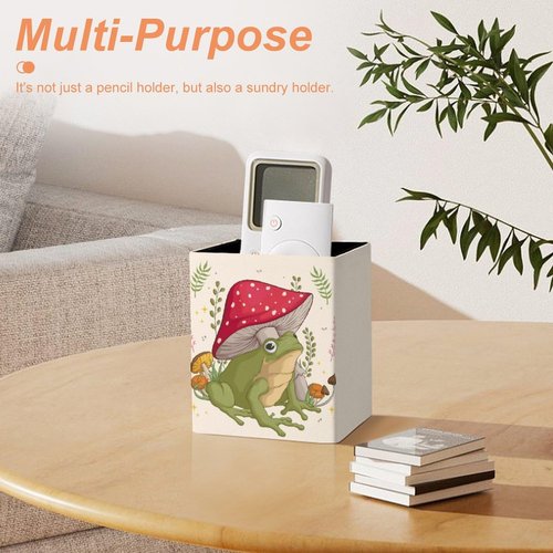Niapessel Pencil Holder for Desk, Funny Frog with Mushrooms Pen Holder Storage Desktop Pen Organizer Desk Pencil Organizer Makeup Brush Holder for Office School College Leather