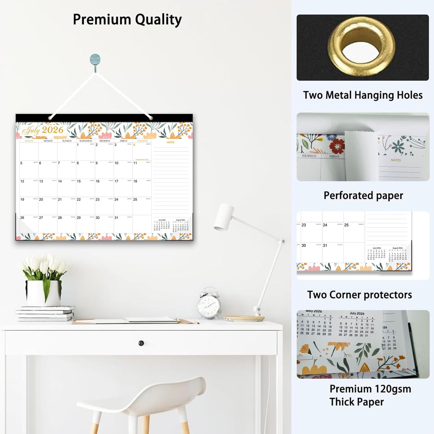 Desk Calendar 2026-2027 - 19 Month Desk Calendar july 2026-2027 Dec, 17" x 12", Large Monthly Desktop Calendar with Plastic Cover, Thick Paper, Corner Protectors - Floral (2 Stickers Included)