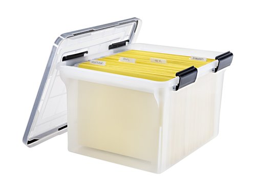 IRIS USA Plastic File Letter/Legal, Water Resistant Document Box, Durable Lid, Seal w/Secure Latching Buckles, Stackable, Nestable, WeatherPro - 1 Pack, Clear