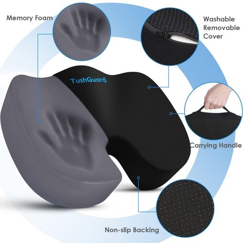 TushGuard Seat Cushion for Office Chair Memory Foam Non-Slip Cushion Back, Coccyx, Sciatica, Tailbone Pain Relief Butt Pillow for Office Chair, Car, Wheelchair, Black, X-Large