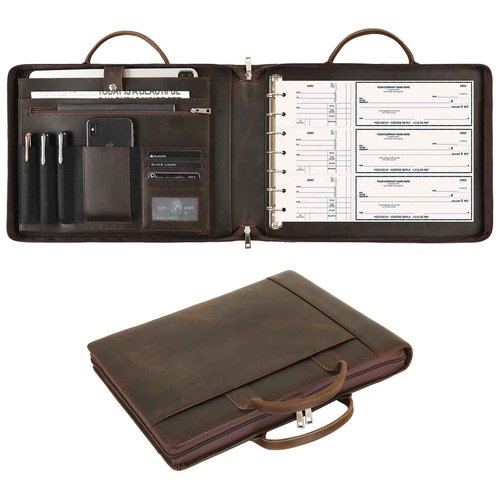 Handmade Leather Business Checkbook Binder - 7 Ring Check Binder with Handle, Check Holder Checkbooks for Business Checks for 3 Per Page 600 Checks Capacity for 9 x 13 inch Sheets, Dark Kahki