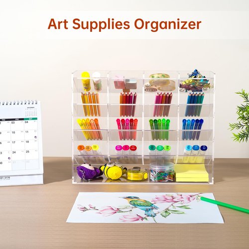 BEYGORM Acrylic Vertical Marker Organizer for 200 Markers with 17 Compartments, Clear Angled Pen & Pencil Holder, Large Desk Stationery & Art Supply Storage for Office & School (13 x 10.2 x 4 Inch)