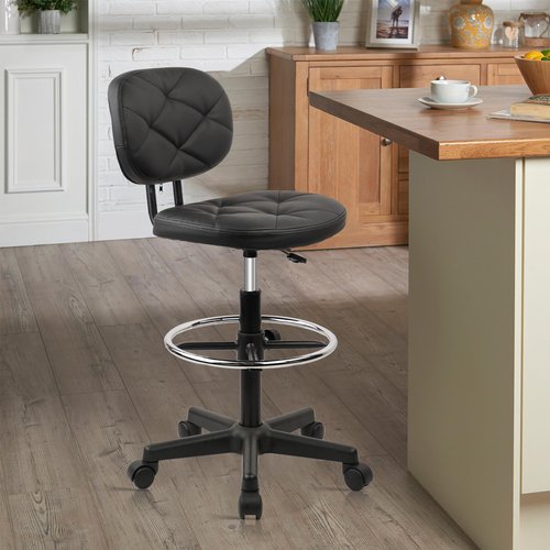 KLASIKA PU Leather Rolling Stool with Foot Rest and Back Support, Adjustable Diamond Upholstered Drafting Chair with Wheels, Multi-Purpose Desk Chair for Home Office Bar Kitchen Shop, Black (1PK)