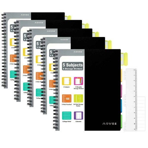 MOWEE Spiral Notebook - 5 Subject Notebook, College Ruled Notebook With Dividers Pocket, Tabs Label (5PackBlack)
