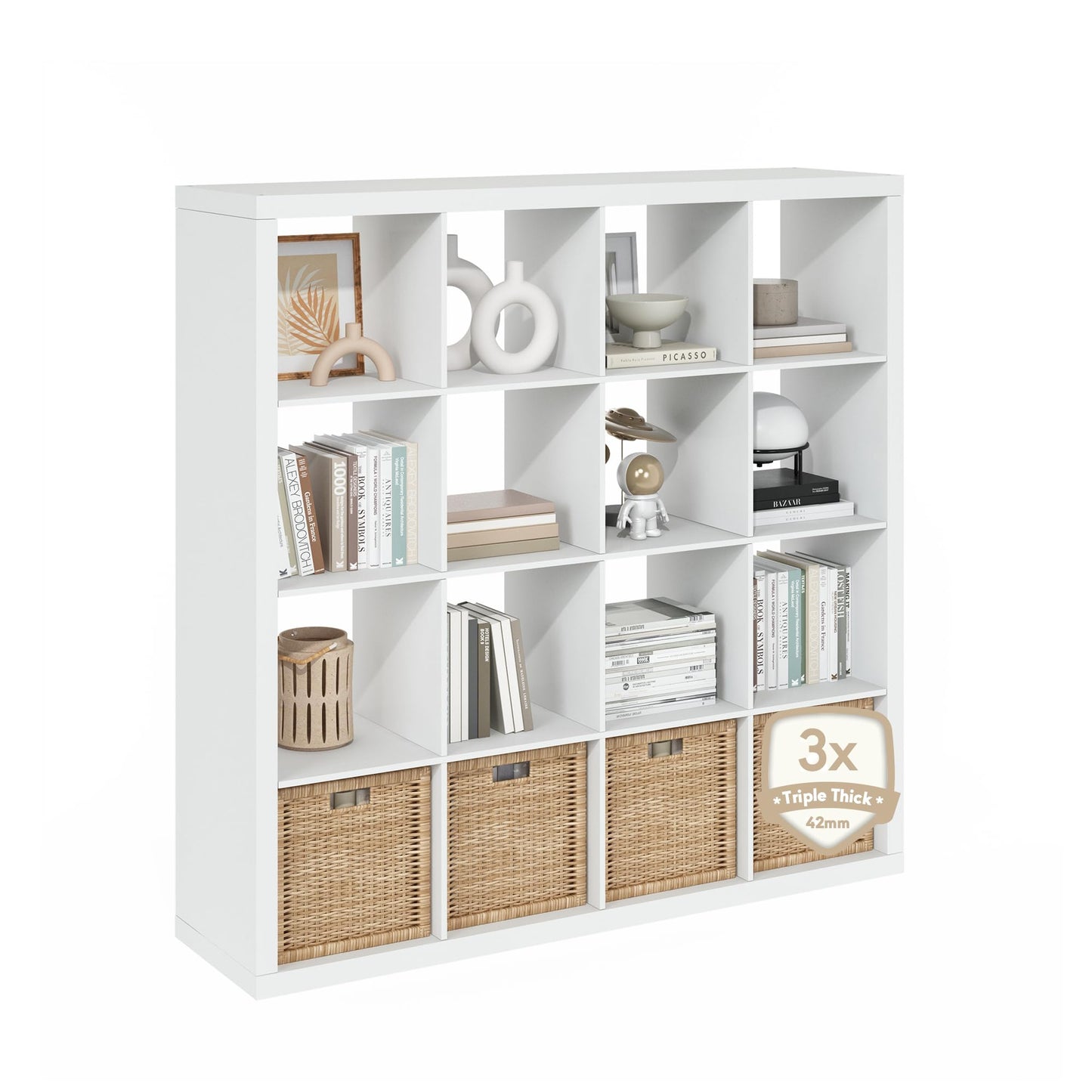 Furinno Cubicle Book Shelf, 16-Cube Bookshelf, Triple Thick Frame Cube Storage Organizer, 1.65" Bookcase, 15.4 x 57.4 x 56.9, for Home Office, Living Room, Plain White