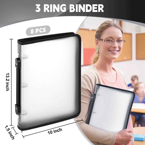 Teling 8 Pcs Zipper Binders with 3 Ring Zipper Binder, Refillable Plastic Clear File Organizer Planner for Projects, Assignments, Memos, School Work (1 Inch,White)