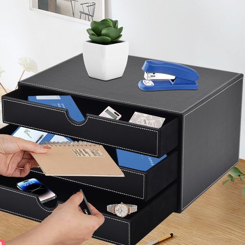 XNONE PU Leather Desk Organizer with 3 Drawers,Executive Office Supplies Desktop Filing A4 File Cabinet/Holder for Jewelry/Bill/Paper/Documents/Makeup Home Decor Stationery Storage Box,Black