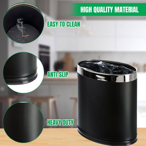 Brelso 'Invisi-Overlap' Metal Trash Can, Open Top Small Office Wastebasket, Oval Shape (Black)