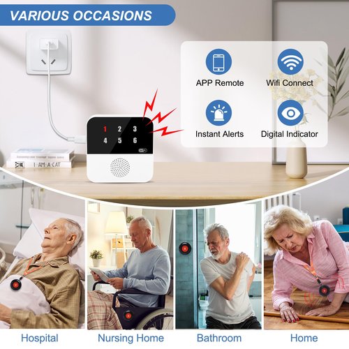 WiFi Smart Wireless Caregiver Pagers for Elderly Alert Button That Calls Cell Phone Caregiver Alert System with LED Number Display 2 SOS Call Button 1 Receiver(Only Supports 2.4GHz & No Monthly Fee)