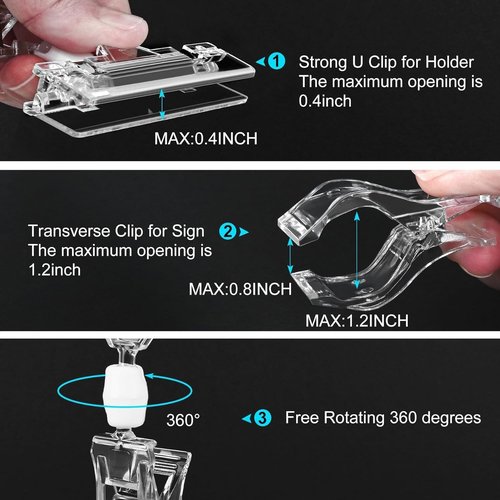 Clear Sign Clips | 12-Pack Plastic Label Pop Clips for Retail Display - Double-Sided Swivel Holders