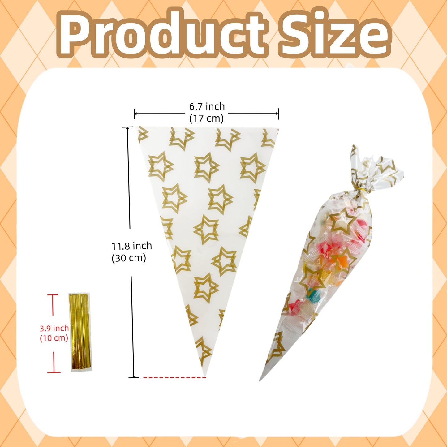 PABCK 50Pcs Cone Shaped Cellophane Treat Bags 6.69x11.8 inch Party Favor Gift Wrap Cellophane Bag Clear Plastic Bags for Candy Cookies Popcorn Snack Packaging Food Storage Bag Triangle with 50 Gold Twist Ties
