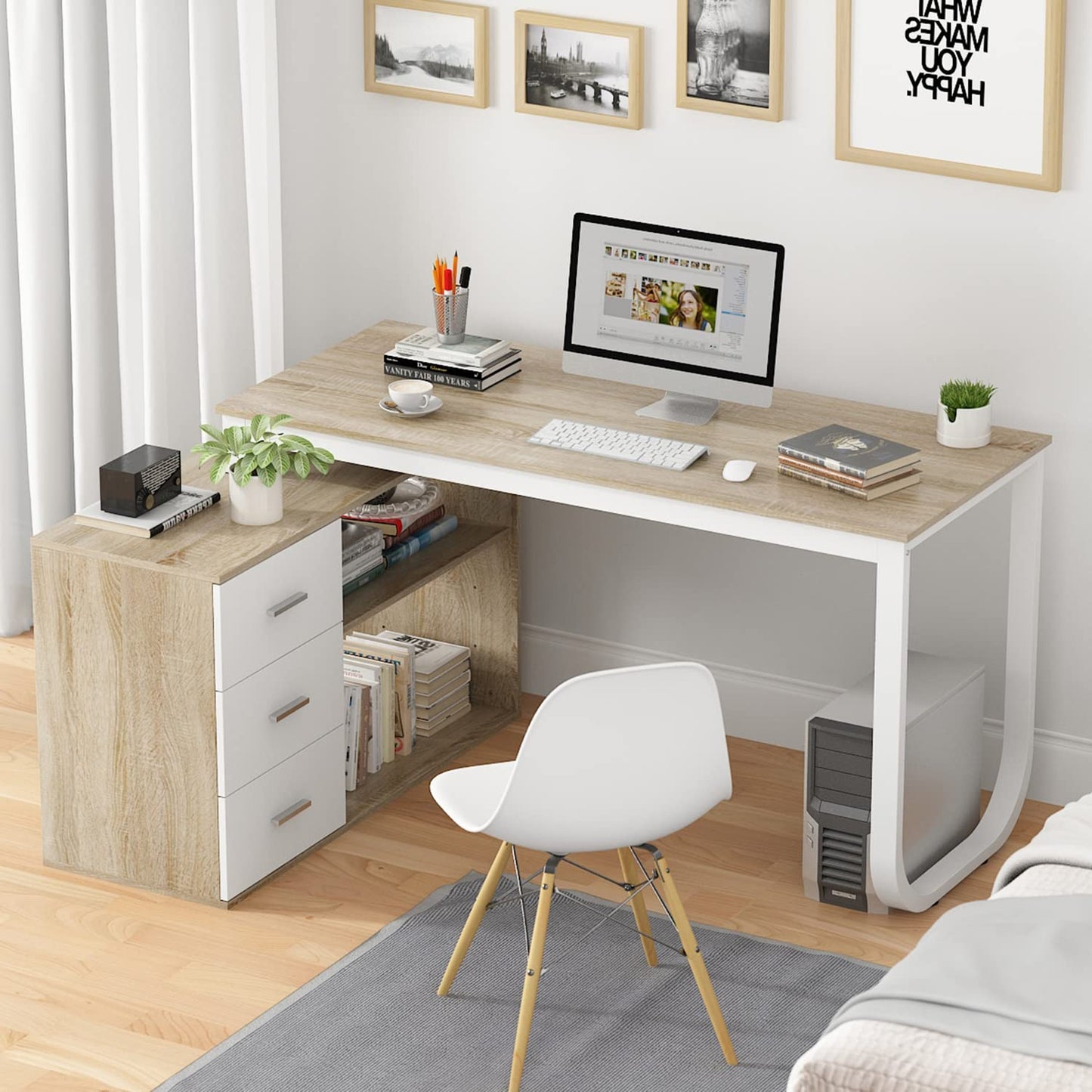 Homsee Home Office Computer Desk Corner Desk with 3 Drawers and 2 Shelves, 54 Inch Large L-Shaped Study Writing Table with Storage Cabinet - Walnut and White