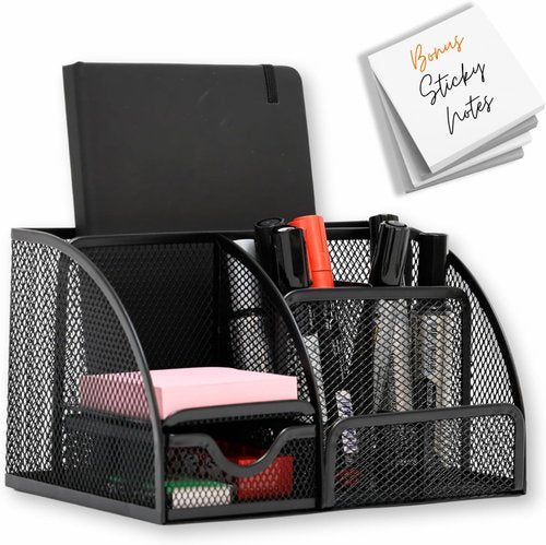 Mesh Desk Organizer - Stylish Office Accessory with 6 Compartments & Drawer | Includes Sticky Notes