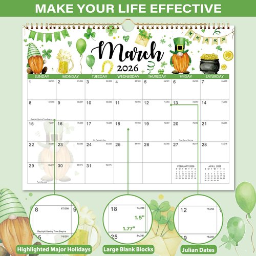 Calendar 2025-2026 - Wall Calendar 2025-2026, July 2025 - December 2026 Wall Calendar, 14.8'' x 11.6'', with Julian Dates, Hanging Hole, Thick Paper