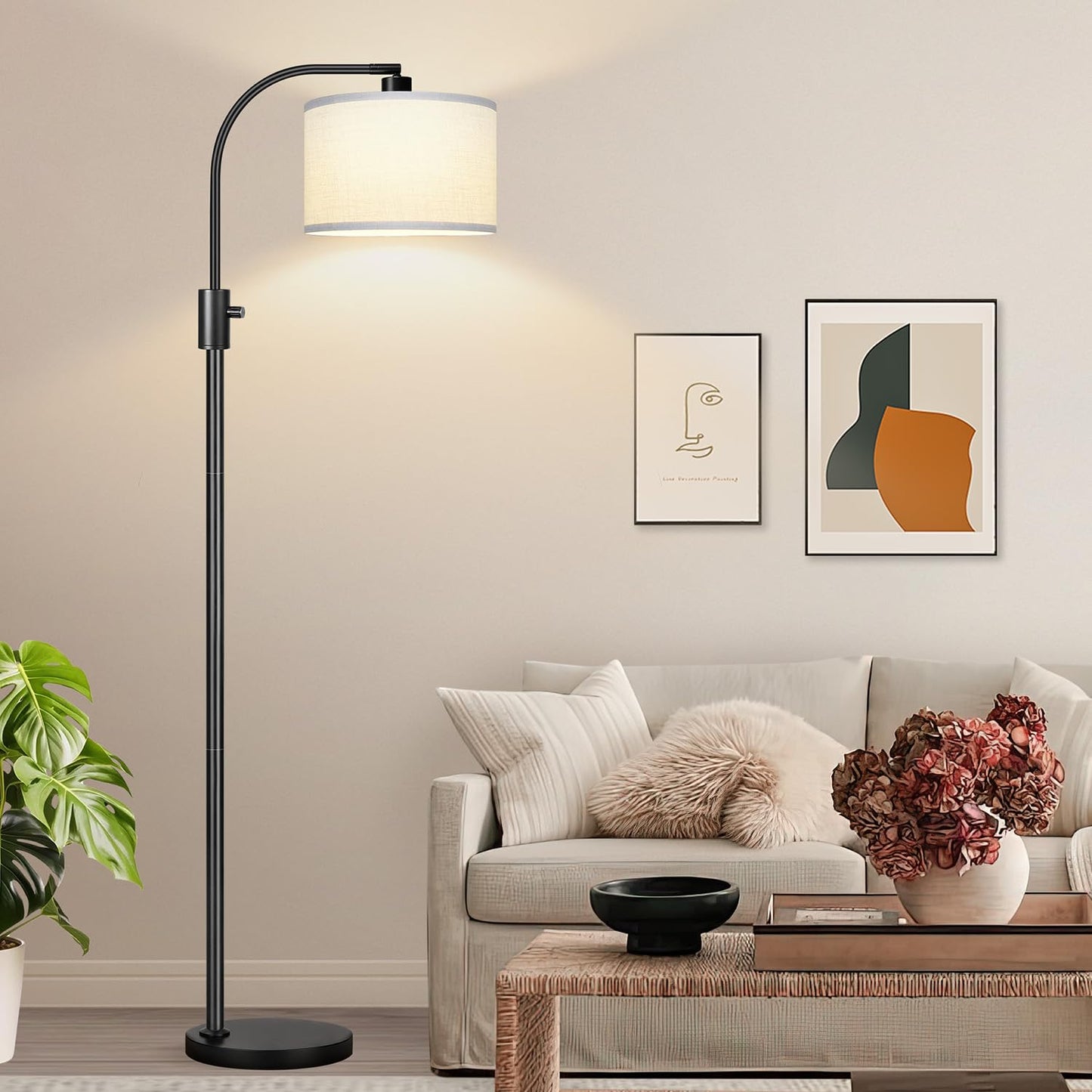 Nintiue Upgraded Modern Arc Dimmable Tall Standing Floor Lamp with White Shade, 1200 Lumens LED Bulb Included, for Living & Reading Room, Bedroom, Office & Nursery, Black