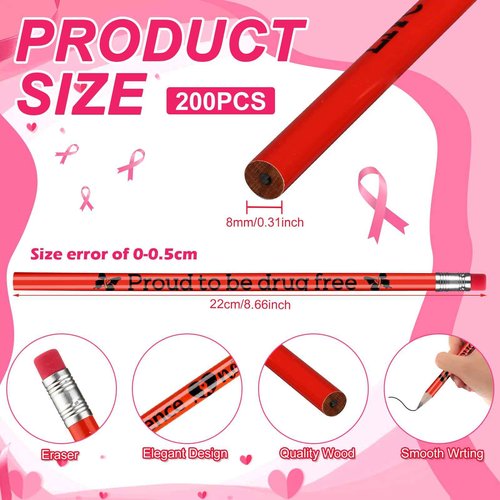 Frienda 200 Pcs Bulk Red Ribbon Awareness Pencils for Students Teacher Say No to Drugs Pencils with Erasers for Red Ribbon Week Anti Bullying Awareness Campaigns Teacher Office Supplie