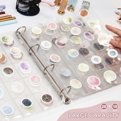 Nuvretk Wax Seal Storage Binder – Holds 200 Wax Seals, Stamps, Coins, or Cards with 10 PVC Pocket Sheets, 4-Ring Album for Crafts and Collectors
