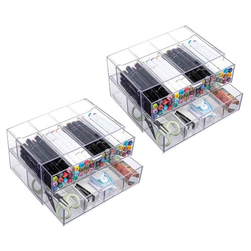 Yesesion 4 Pack Clear Office Supplies Organizer Drawer for Desk, Stackable Marker Pen and Pencil Holder with Adjustable Compartment, Large Desk Accessories Storage Box for Art Crafts, Stationery