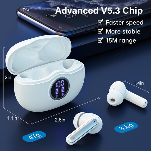 Sisism A10 Pro Wireless Earbuds Bluetooth 5.3 HiFi Stereo, 50H Playback LED Digital Display Earphones, ENC Noise Cancelling Mic, Ergonomic Sport Headphone Headset for Gym/Running/Work - White