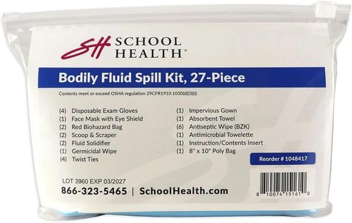 School Health 27-Piece Bodily Fluid Spill Clean-Up Kit | OSHA Compliant Bloodborne Pathogen Protection with PPE & Biohazard Bags