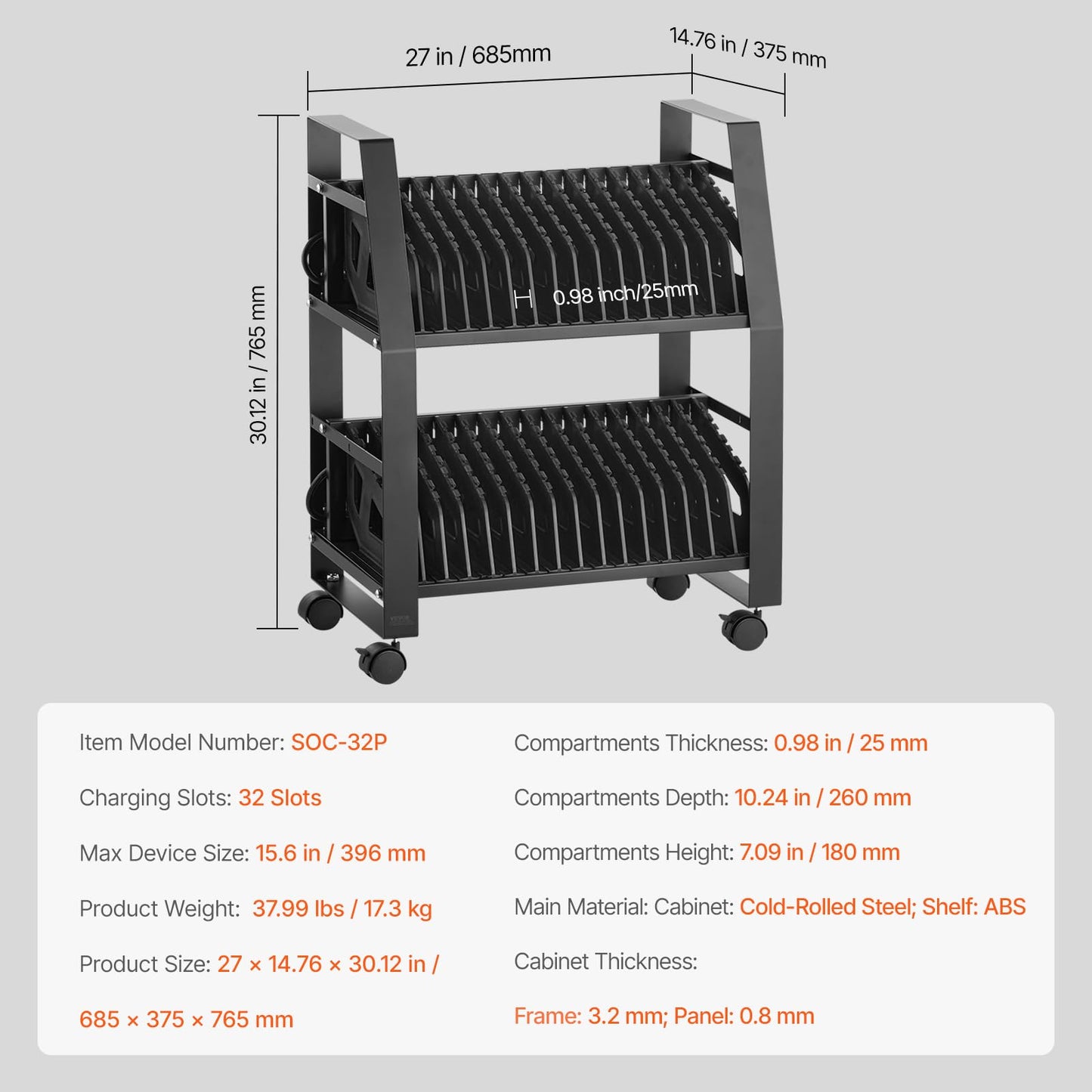 VEVOR Laptop Cart, 32 Device Mobile Open Charging Station, Up to 15.6 in Screen Size, Office and Classroom Mobile Charging Cart, for Chromebook, Tablet and Laptop
