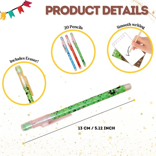 Echoglimmer 40 PCS Pixel Theme Party Favors | Mini Party Supplies 20 Pencils & 20 Miner Theme Notepads | Birthday Pixel Goodie Bag Favors | Decorations
