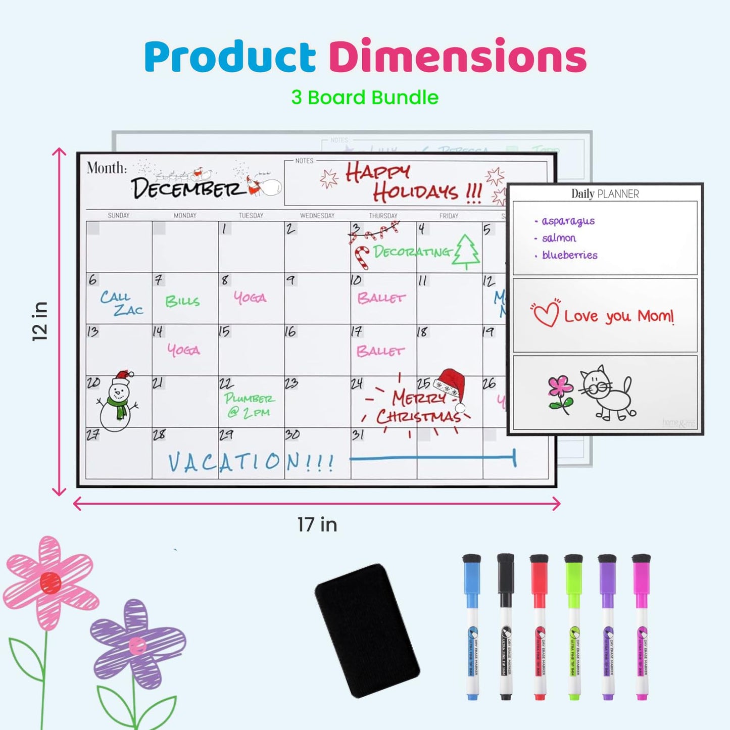 Cinch! Magnetic Calendar Bundle of 3 - Monthly, Weekly, Daily Planning Dry Erase Boards for Fridge - Magnetic Fridge Calendar Whiteboard Set with 6 Fine Tip Markers, Large Eraser, and Magnets