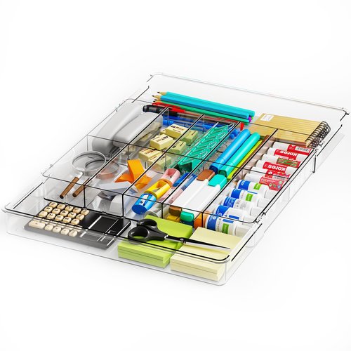 Yieach Large Expandable Desk Drawer Organizer Tray for Office Supplies and Accessories With 12 Adjustable Compartments,Office Drawer Organizers for Pencil,Pen and Kitchen Junk Drawer Organizer,Clear