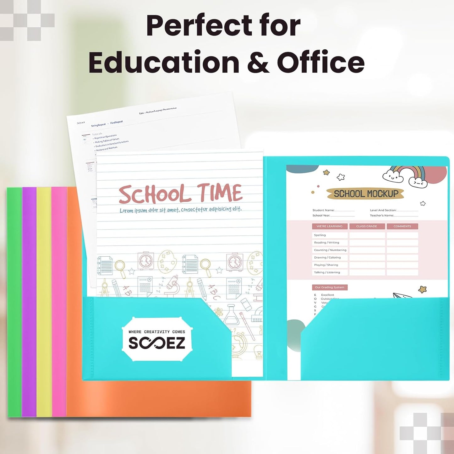 Sooez 6-Pack Plastic Pocket Folders - Heavy Duty, Aesthetic Pastel Colors | Ideal for School & Office
