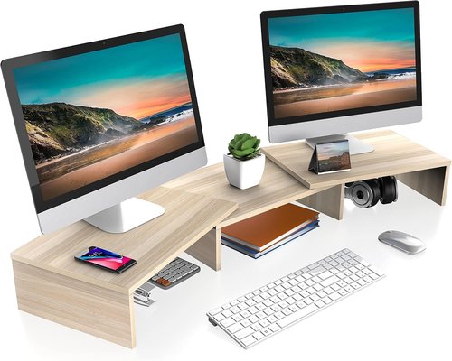 FITUEYES Dual Monitor Stand - Adjustable Wood Desktop Riser with 3 Shelves | Medium Oak Finish