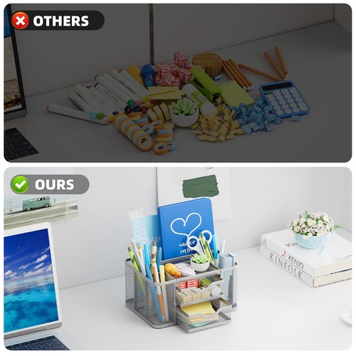 Marbrasse Mesh Desk Organizer, Pen Organizer with 2 Drawer, Multi-Functional Pencil Holder, Desk Organizers and Accessories with 5 Compartments + Drawer for Office Art Supplies (Silver)