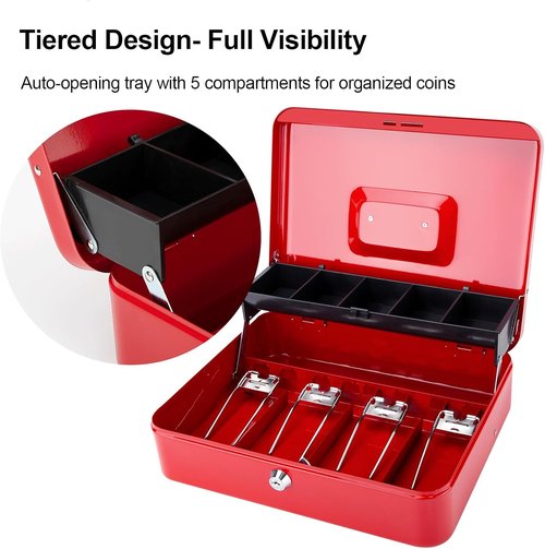 Jssmst Cash Box - Secure Red Money Tray with Key Lock | Large 11.8'' x 9.5'' x 3.5'' Safe Drawer