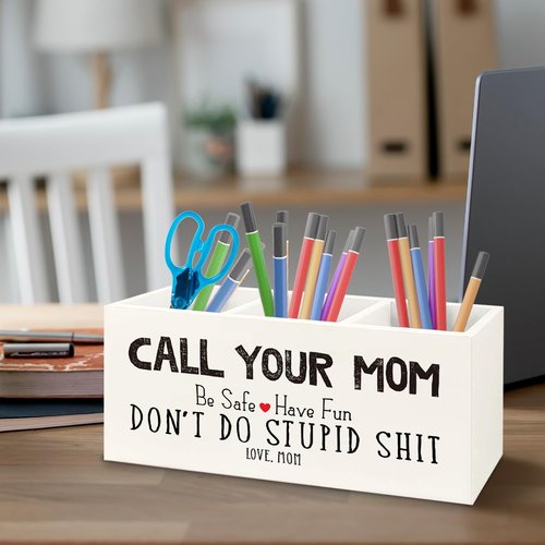 URLLUAE Funny Call Your Mom Wooden Pen Pencil Holder for Office Desk Accessories, Gifts for Freshman Son Daughter College Students Makeup Brush Toothbrush Holder Organizer for Bathroom