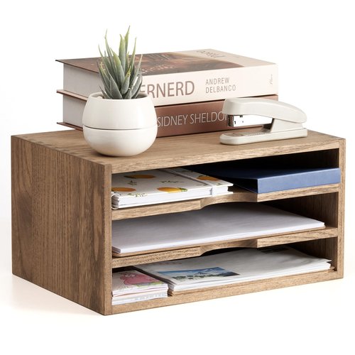 KIRIGEN Wooden Desktop Organizer Paper Storage Letter Tray File Sorter - Desk Rack Magazine File Dividers Holders for Home Office Accessories with 3 Layer Trays Dark Brown (3KWJG-DBR)