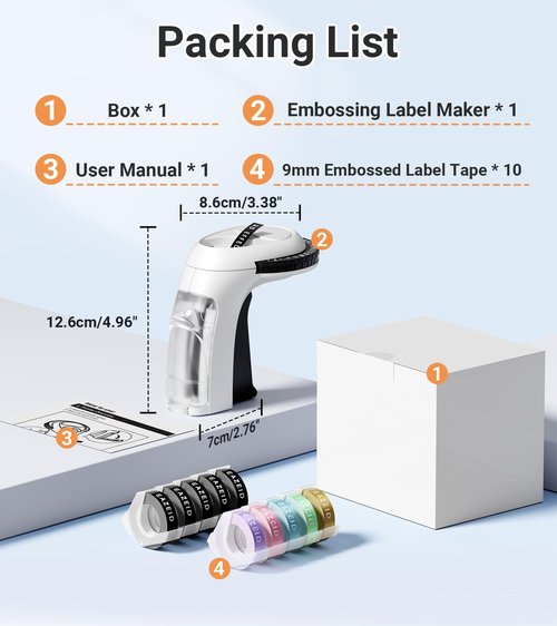 Embossing Label Maker Machine with-Tape, Vintage Embossed Label Maker Manual, Retro 3D Black Emboss Labeler with 10 Rolls 9mm Macaroon Embossing Label Tapes for Home Kitchen School Kids