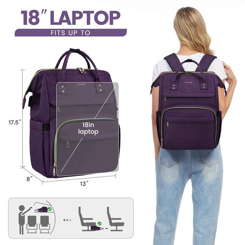 LOVEVOOK Laptop Backpack for Women,18 Inch Professional Womens Travel Backpack Purse Computer Laptop Bag Nurse Teacher Backpack,Waterproof Work Bags Carry on Back Pack with USB Port,Dark Purple