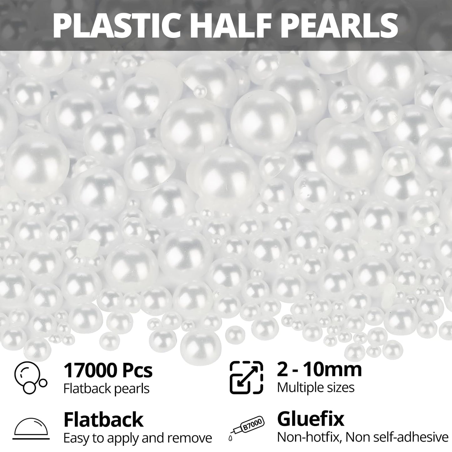17000Pcs White Half Pearls Beads for Crafting, Flat Back Pearls Rhinestones Gem FlatBack Diamond for Decor Crafts Bedazzling Decoration Bedazzle Shoes Clothes Bedazzled 2,3,4,5,6,8,10mm and B7000 Glue