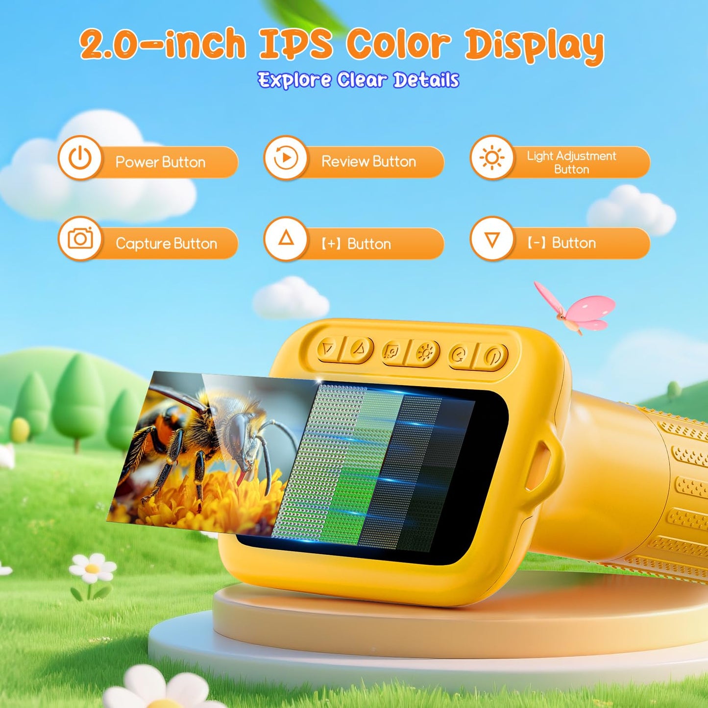 SKYBASIC Digital Microscope for Kids, 2" Screen 1000X Handheld Microscope HD Pocket Portable Microscopes Camera, Science Edu Fun Birthday Gifts Toys for Ages 4-12 Children Students Boys Girls -Yellow