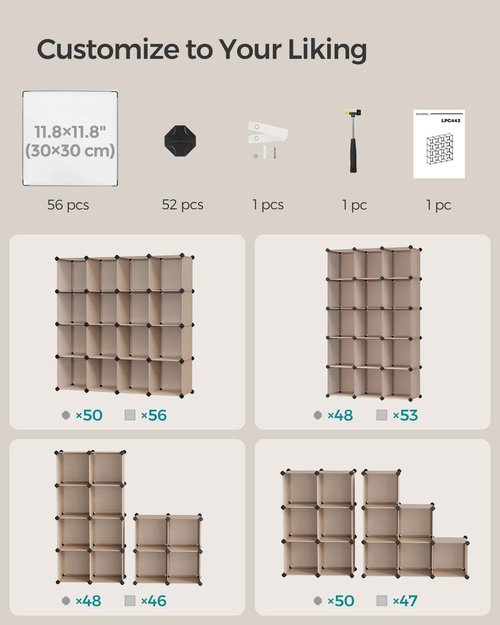 SONGMICS Cube Storage Organizer, Set of 16 Plastic Cubes, Book Shelf, Closet Organizers and Storage, Room Organization, Bedroom Living Room, 12.2 x 48.4 x 48.4 Inches, Camel Brown ULPC442K01