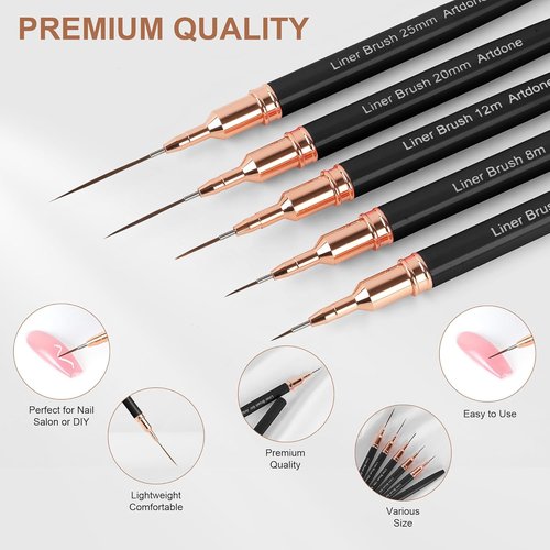 Artdone Metallic Nail Art Pens - 5PCS Liner Brush Set for Fine Detailing & Long Lines | Black Color