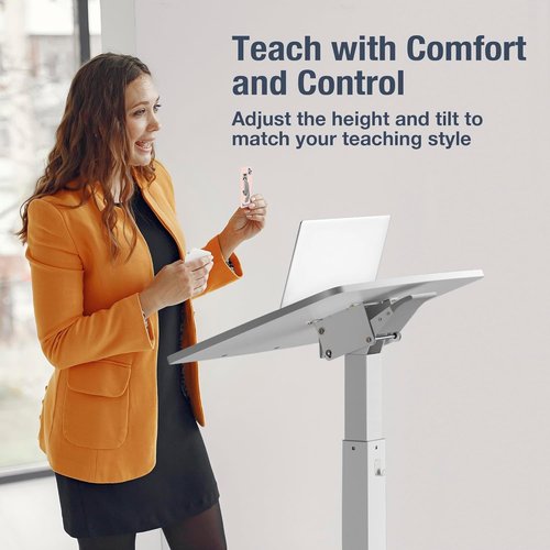 AVLT Height Adjustable Mobile Workstation - Pneumatic Standing Desk Cart with Tilting Desk | 47" White Finish
