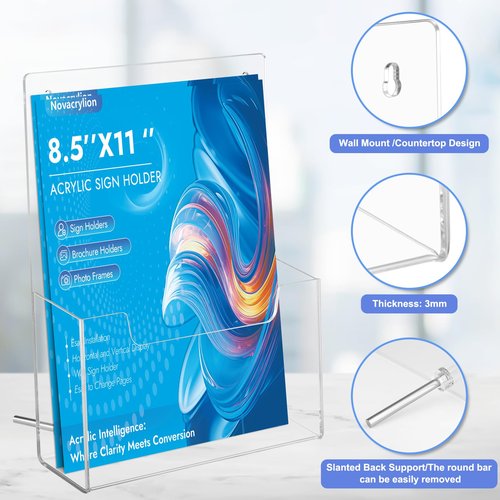 4-Pack Acrylic Brochure Holder 8.5x11 inch – Clear Trifold Literature Rack, 3 mm Thickened Wall Mount or Desktop Organizer for Office/Retail/Trade Shows